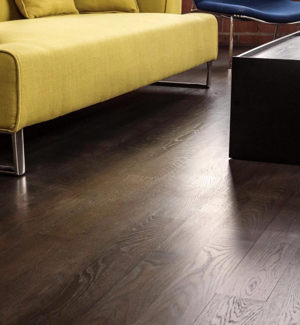 Dark walnut stained hardwood floor finish