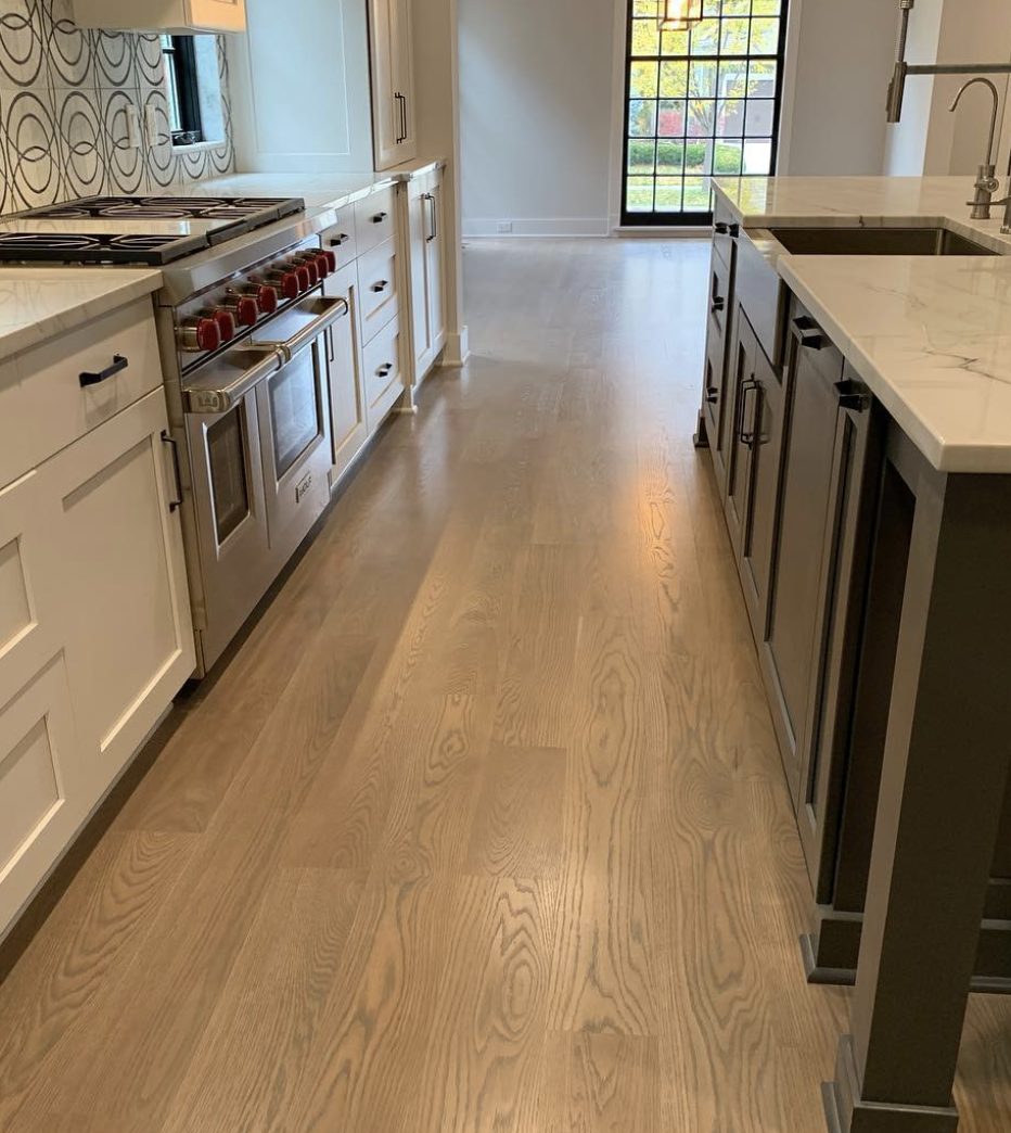 Refinished red oak kitchen floor in Cleveland area home