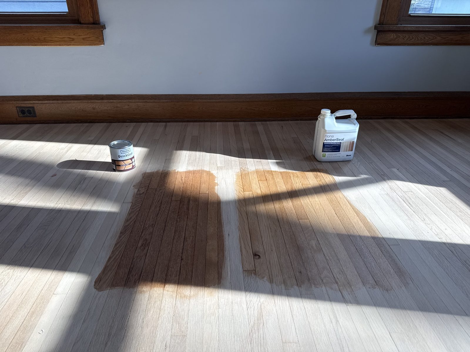 Hardwood floor stain color samples compared side by side